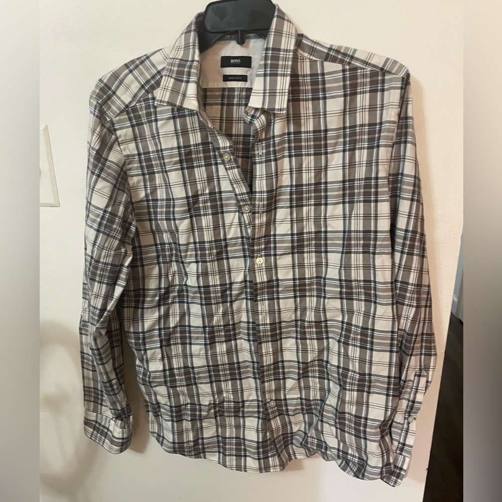 HUGO Boss Shirt Mens Size XL Brown Blue Plaid Regular Fit Collared Lightweight